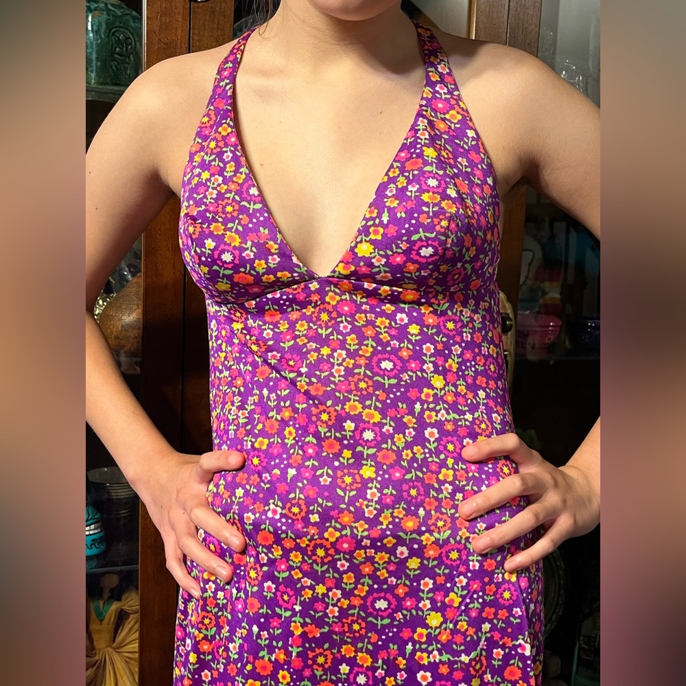 Vtg 70s Disco Hippie Maxi Dress Halter Low back Pink floral psychedelic - Picture 3 of 10